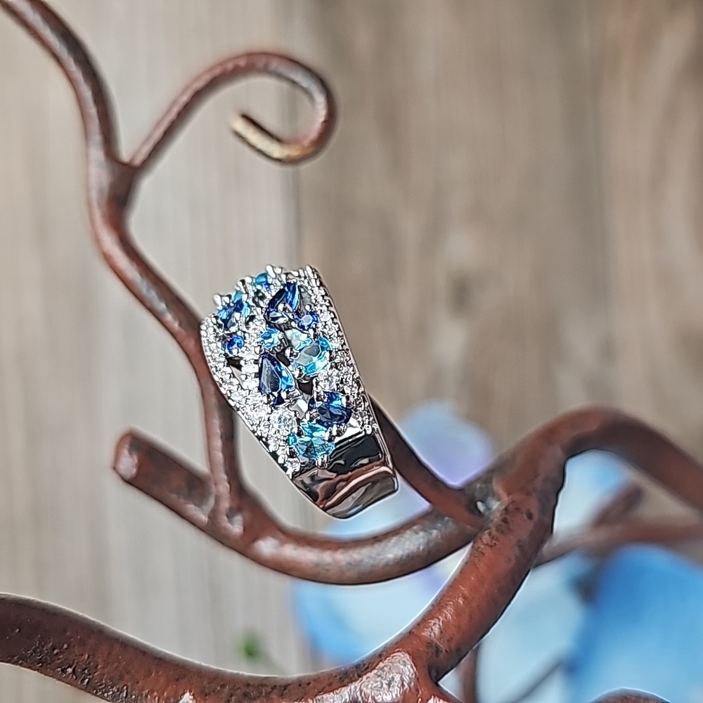 NEW PLATINUM PLATED CREATED SAPPHIRE AQUAMARINE ZIRCON FASHION RING - Picture 4 of 10